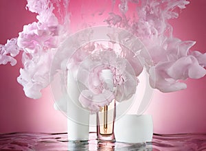 A set of moisturizing cosmetics in a water wave with pink paint clubs around, pink background