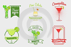 Set of mojito, margarita, pina colada and cosmopolitan cocktails logos, labels