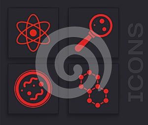 Set Molecule, Atom, Microorganisms under magnifier and Bacteria icon. Vector.