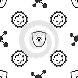 Set Molecule, Biohazard symbol on shield and Bacteria on seamless pattern. Vector.