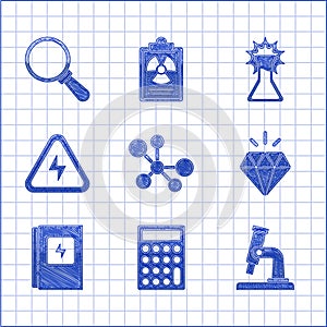 Set Molecule, Calculator, Microscope, Diamond, Electrical panel, High voltage, Test tube and flask and Magnifying glass