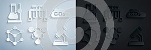 Set Molecule, CO2 emissions in cloud, Microscope, Test tube and flask stand icon. Vector