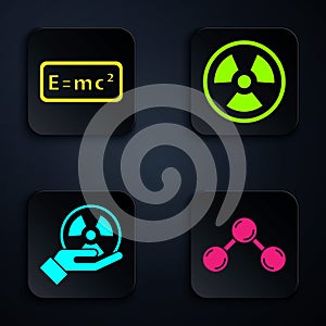 Set Molecule, Equation solution, Radioactive and Radioactive. Black square button. Vector