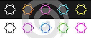 Set Molecule icon isolated on black and white background. Structure of molecules in chemistry, science teachers