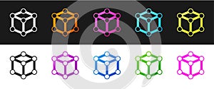 Set Molecule icon isolated on black and white background. Structure of molecules in chemistry, science teachers