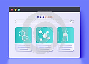 Set Molecule, Molecule and Laboratory wash bottle icon. Vector