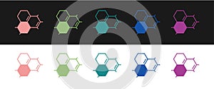 Set Molecule oil icon isolated on black and white background. Structure of molecules in chemistry. Vector