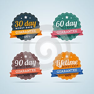 Set of money back guarantee badges in flat style photo