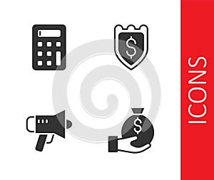 Set Money bag, Calculator, Megaphone and Shield with dollar icon. Vector