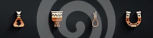 Set Money bag, Drum, Gallows rope loop hanging and Horseshoe icon with long shadow. Vector