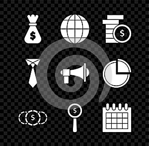 Set Money bag, Earth globe, Coin money with dollar symbol, Magnifying glass and, Calendar, Tie and Megaphone icon