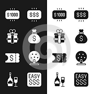 Set Money bag, Gift box, prize in casino, Lottery ticket, machine, and Champagne bottle with glass icon. Vector