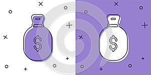 Set Money bag icon isolated on white and purple background. Dollar or USD symbol. Cash Banking currency sign. Vector