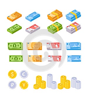 Set of Money, Banknotes and Coins Piles and Stacks. Dollar, Euro, Pound Sterling and Ruble Bills. Investment, Earnings