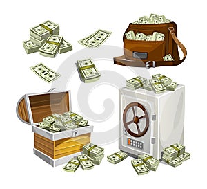 Set of money banknotes for games, posters, banners etc. Game money. Chest, bag and safe full of bacnknotes