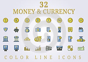 set of money and currency line color icon illustration design