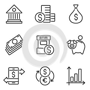 Set of money or financial thin icon vector in trendy flat style isolated on white background