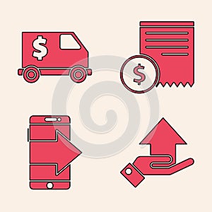 Set Money on hand, Armored truck, Paper check and financial check and Smartphone, mobile phone icon. Vector