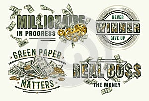 Set of money labels with 100 US dollar bills, gold coins, gearwheels, text