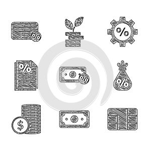 Set Money percent, Stacks paper money cash, Credit card with chip, bag, Coin dollar, Finance document, Gear and Discount
