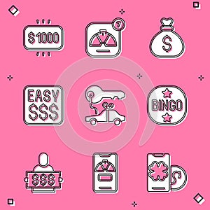 Set Money prize in casino, Lucky wheel, bag, Car gift, Bingo, Winner holding ticket and phone icon. Vector