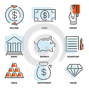 Set of money and value flat line vector icons