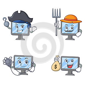 Set of monitor character with pirates farmer doctor money bag