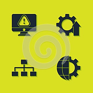 Set Monitor with exclamation mark, Globe of the Earth and gear, Hierarchy organogram chart and Arrow growth icon. Vector