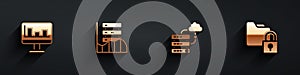 Set Monitor with graph chart, Server, Data, Web Hosting, Network cloud connection and Folder and lock icon with long