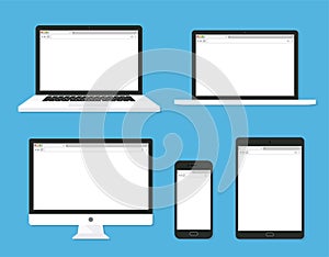Set of monitor, laptop, tablet, smartphone open blank browser. flat style - stock vector