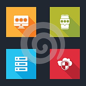 Set Monitor with password, Mobile and, Server, Data, Web Hosting and Cloud shield icon. Vector