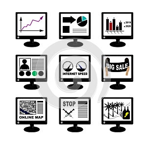 Set of monitors with information, computer screen with screens of financial charts, graphs and other information