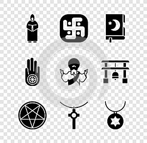 Set Monk, Jainism, Holy book of Koran, Pentagram circle, Christian cross chain, Star David necklace, Dharma and Jesus