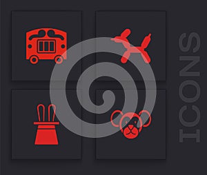 Set Monkey, Circus wagon, Balloon dog and Magician hat and rabbit ears icon. Vector