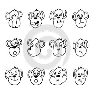 Set of monkey emoticons. Funny monkey show different emotions. Vector illustration.