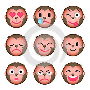 Set of monkey emoticons. Set of Emoji. Isolated vector illustration on white background