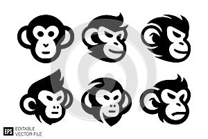 Set of Monkey Head Silhouettes