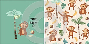 Set of monkey print and seamless pattern with monkeys.vector