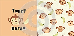 Set of monkey print and seamless pattern with monkeys.vector