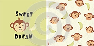 set of monkey print and seamless pattern with monkeys.vector