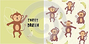 Set of monkey print and seamless pattern with monkeys.vector