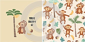 Set of monkey print and seamless pattern with monkeys.vector