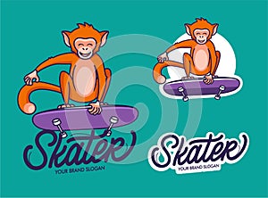 Set of Monkey skater funny logotype with text, phrase.Jungle macaque character