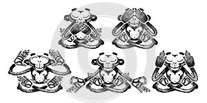 Set of monkeys. Monkeys are sitting in different poses and meditation. See no Evil, Hear no Evil, Speak no Evil. For