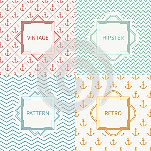 Set of mono line marine geometric seamless pattern