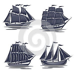 Set of monochrome 4 ships, old ship silhouettes