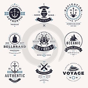 Set monochrome authentic nautical labels emblem vintage design vector illustration