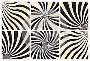 Set of monochrome background swirls with rays in retro 70\'s style with grunge texture. Vector illustration