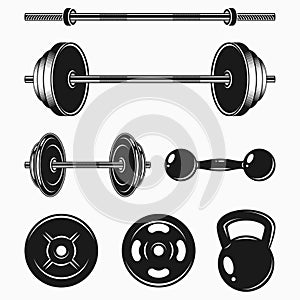 Set of monochrome bodybuilding equipments. GYM or fitness elements - weight, barbell, dumbbell. Vector