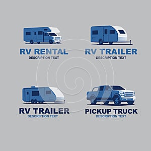 Set of monochrome camper van car logo. Recreational vehicle and camping design elements.